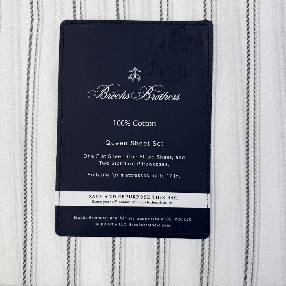 Brooks Brothers Queen Sheet Set White Grey Striped 100% Cotton 4pc New